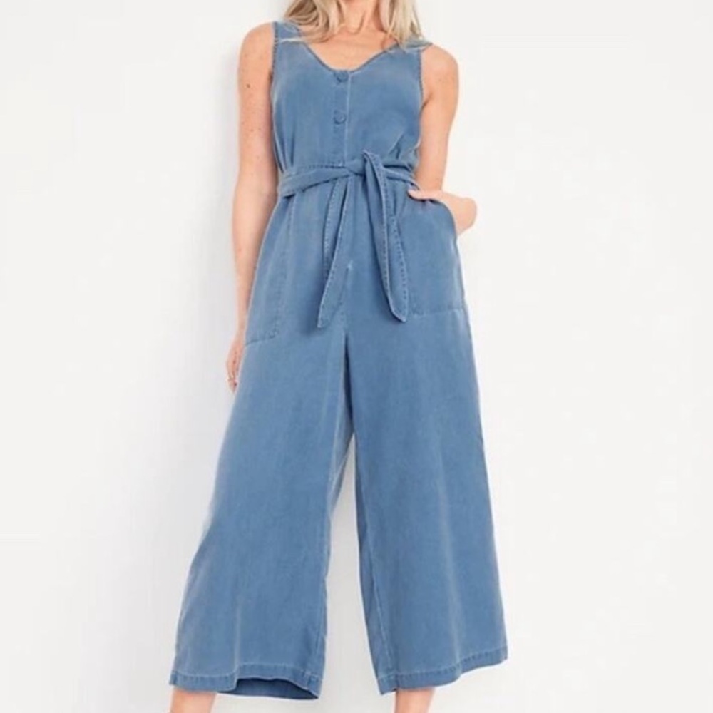 Old Navy Blue Button Front Wide Leg Jumpsuit Size Small Tall